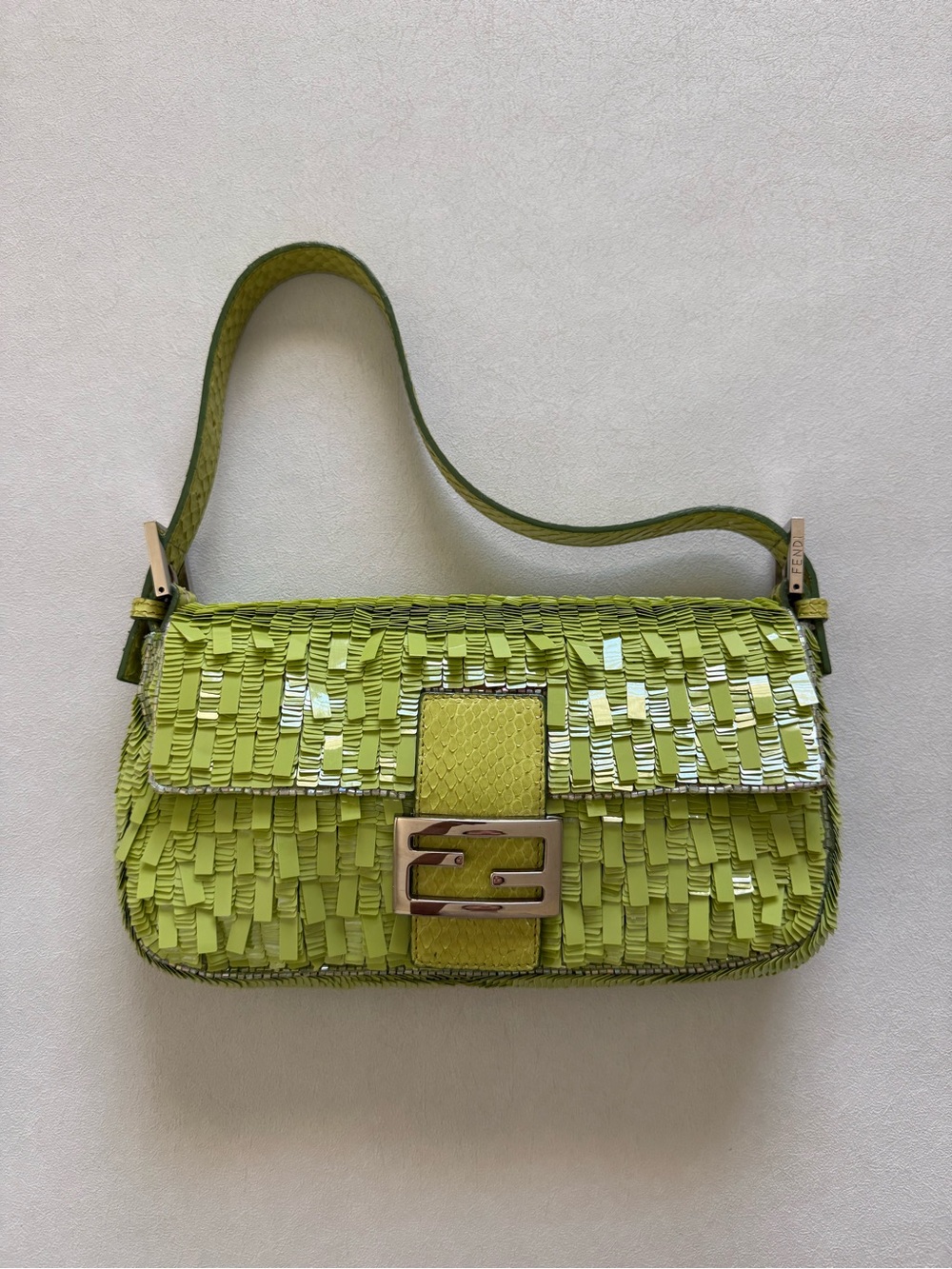 Fendi Vintage Green Glitter Baguette Shoulder Bag